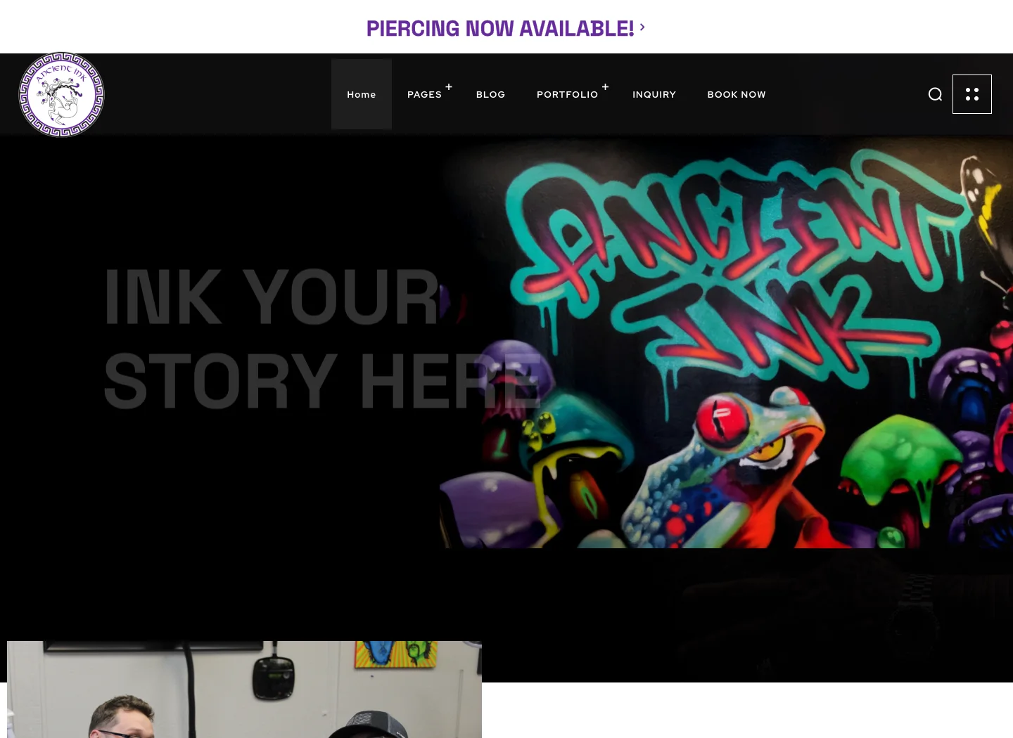 Homepage of the Ancient Ink Tattoo website.