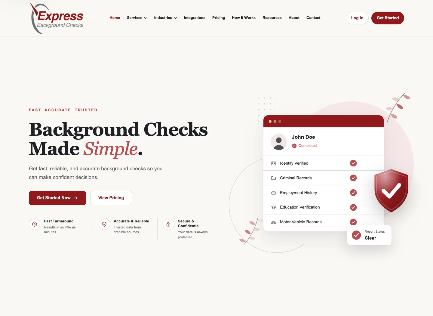 Homepage of the Express Background Checks website.