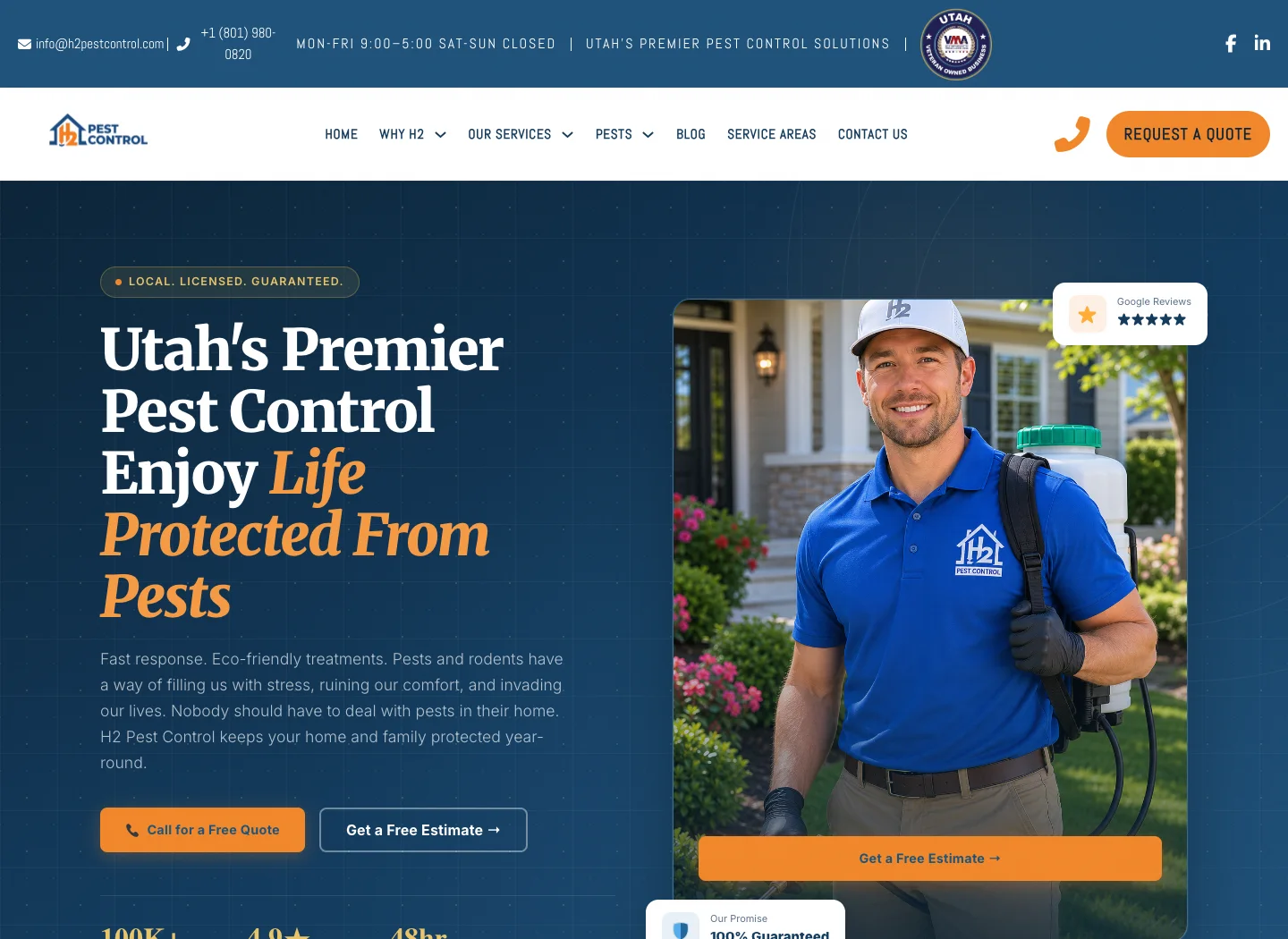 Homepage of the H2 Pest Control website.
