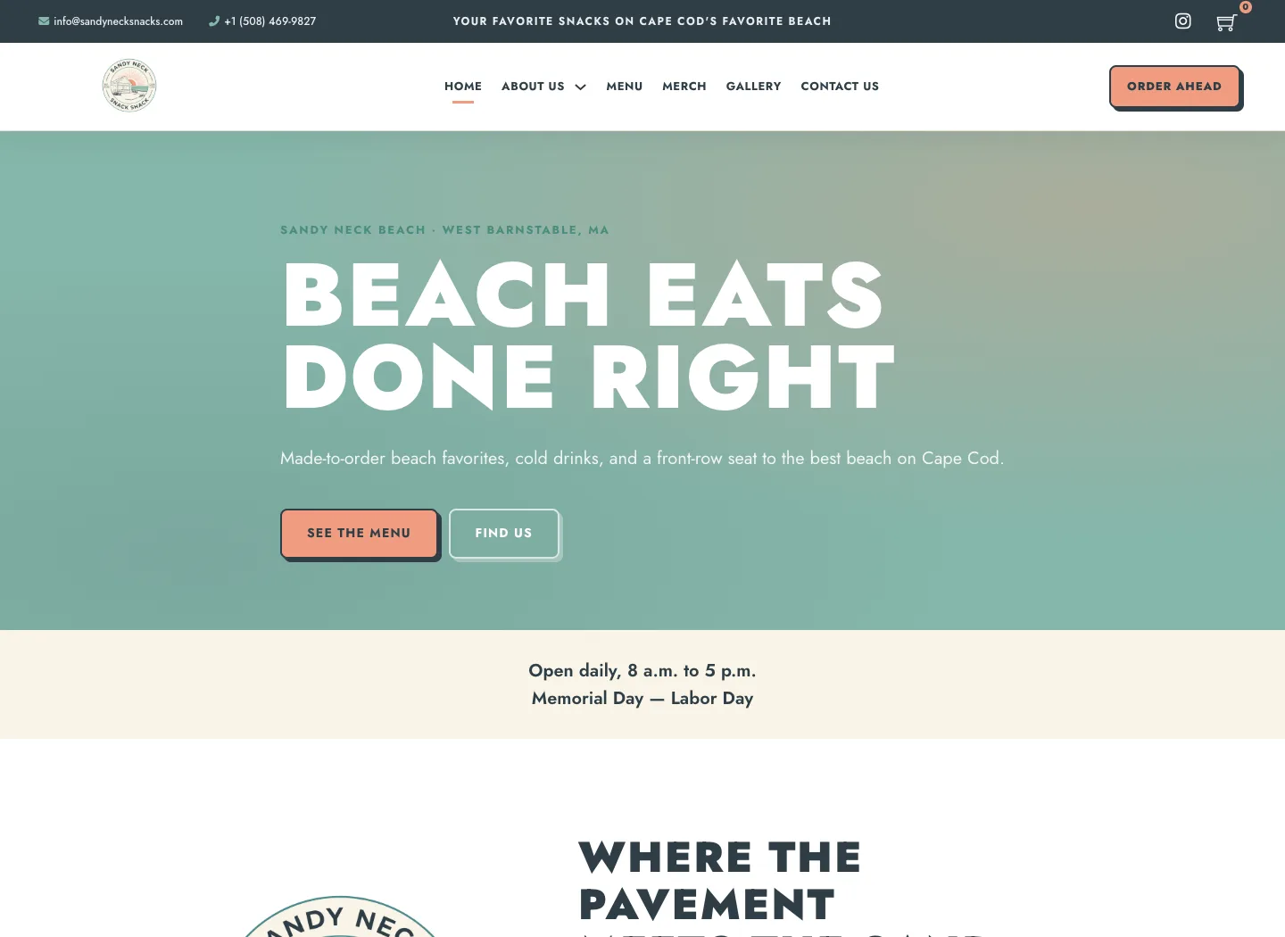 Homepage of the Sandy Neck Snack Shack website.